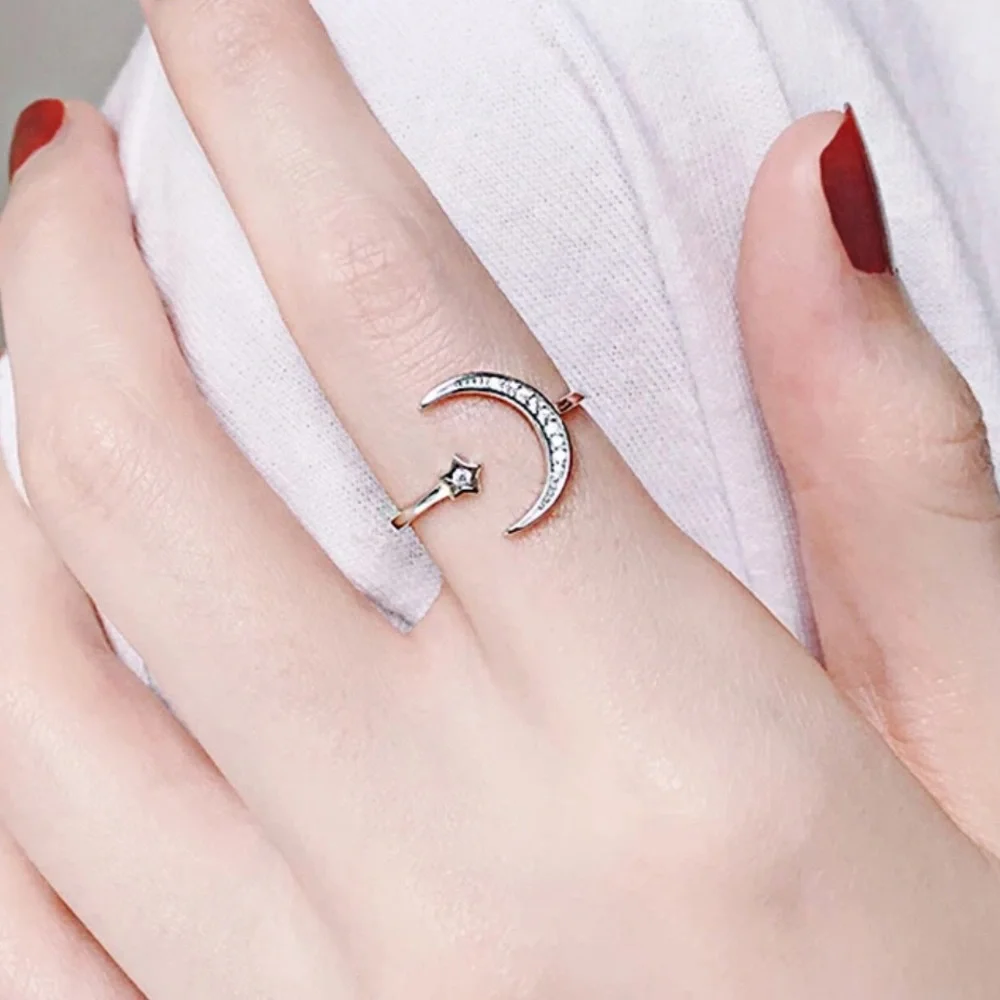 NEW MOON STAR 925 STERLING SILVER ADJUSTABLE RING, CUTE RING, SHINY RING. - Picture 2 of 5